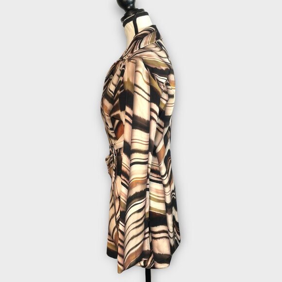 Zara Tunic Top MEDIUM Brown Black Swirled Stripes Ruched Waist - Picture 2 of 10